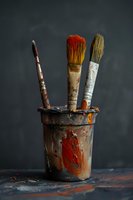 Old paint brushes in messy ceramic holder against dark background, dramatic lighting highlights orange paint splatter and worn artistic tools for creative projects.