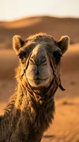 Dromedary camel with halter facing camera in desert landscape during golden hour sunlight, suitable for travel, wildlife, and nature stock photography.