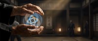 Businessman hands protecting glowing digital eye symbol representing cybersecurity, data protection and privacy technology in modern office environment.