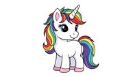 Cute cartoon unicorn with rainbow mane and tail on white background. Colorful magical pony character isolated for children designs and fantasy projects.