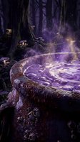 Enchanted forest cauldron overflowing with glowing purple magical potion, swirling mist and sparkling particles, mystical woodland setting with ancient trees and dark atmosphere for fantasy storytelling.