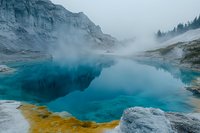 Turquoise geothermal hot spring with steaming water surrounded by rocky terrain and yellow mineral deposits creates mystical atmosphere in foggy weather.