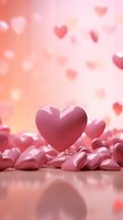 Pink heart standing among scattered heart shapes on soft pink background with bokeh effect, perfect for Valentine's Day or romantic designs.