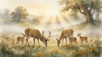 Deer family grazing in misty meadow at sunrise with golden sunbeams filtering through trees creating peaceful wildlife scene for nature lovers and home decor.