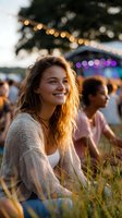 Young Caucasian woman with natural smile enjoying outdoor music festival at sunset, warm golden light illuminating her face among crowd and string lights.