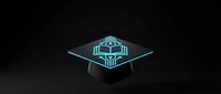 Glowing cyan neon geometric spaceship or aircraft symbol floating against dark background, isolated for tech, gaming, and futuristic design projects.