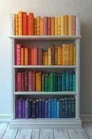 Colorful vintage books arranged in rainbow order on white wooden bookshelf against light wall. Collection of antique hardcover volumes creates spectrum display.