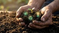 Mature male hands holding rich soil with young seedling sprout, representing gardening, environmental care, sustainable agriculture, and growth. Ideal for eco-friendly projects and nature-based content.