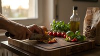 Hands preparing fresh ingredients on wooden cutting board with tomatoes, basil, olive oil and pasta for homemade Italian cooking in warm kitchen setting.