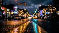 Wet urban street at night with colorful bokeh lights, glowing neon signs, and reflections on asphalt, creating a vibrant city atmosphere.