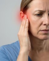 Middle-aged Caucasian woman touching painful red ear, showing earache or tinnitus symptoms, for medical and healthcare content.