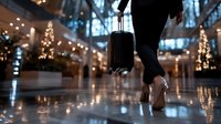 Young woman in high heels walking through luxurious airport terminal with suitcase, illuminated by festive Christmas lights and bokeh reflections on marble floor.