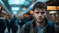 Young Caucasian man with curly hair and beard in urban train station setting with blurred commuters and warm lighting for lifestyle content.