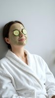 Woman relaxing with green facial mask and cucumber slices on eyes wearing white bathrobe for spa skincare treatment and wellness routine.