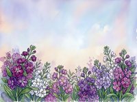 Watercolor purple and white wildflowers border on soft pastel sky background, floral botanical art for cards, invitations, and wall decor.