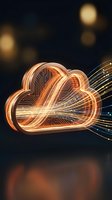 Glowing cloud computing symbol with circuit board patterns and light streams on dark background for technology and data storage concepts.