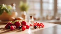 Fresh berries and small glass bottle on wooden surface with soft natural light, creating warm atmosphere for food photography or healthy lifestyle content.