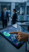 Trader analyzing stock market data on digital tablet with financial charts and graphs displayed, colleagues discussing investments in modern office environment.
