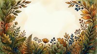 Ornamental botanical frame with autumn foliage, berries, and wildflowers in warm earth tones surrounding cream center space for text or design elements.