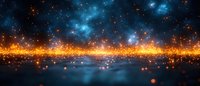 Magical glowing golden and blue particles floating in dark space with bright sparkles and light reflections creating ethereal cosmic atmosphere.