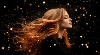 Young woman with flowing red hair against dark background, magical glowing particles and bokeh lights creating ethereal atmosphere. Artistic portrait composition.