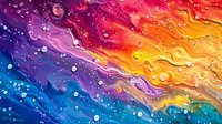 Vibrant fluid art background with colorful swirls in blue, purple, orange and yellow tones featuring water drops and dynamic wavy patterns. Abstract liquid texture.