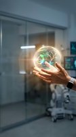 Businessman holding glowing holographic brain sphere with neural network connections in modern office, representing artificial intelligence, innovation, and digital technology solutions.