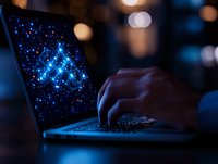 Hands typing on laptop keyboard at night with glowing constellation pattern on screen, creating magical atmosphere with bokeh lights in dark background.