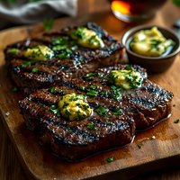 Juicy grilled ribeye steaks topped with herb butter and fresh parsley on wooden cutting board. Charred crust and medium-rare center showcase professional cooking technique.