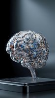 Transparent glass brain with embedded microchips and circuits on a laptop, symbolizing artificial intelligence and machine learning technology.