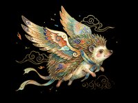 Ornate flying hedgehog with decorative wings and swirling clouds, isolated on transparent background. Ready for t-shirt design, clipart, stickers, sublimation, and print-on-demand products.