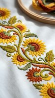 Sunflower embroidery on white fabric with colorful thread and wooden hoop, traditional needlework craft project for home decor and textile art creation.