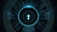 Glowing blue keyhole with radiating light rays and concentric circles on dark background creates futuristic cybersecurity concept for technology protection.