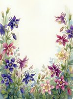 Watercolor columbine flowers frame in purple, pink, and yellow tones with green foliage, copy space center for text or greeting cards.