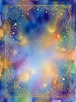 Watercolor night sky with golden ornamental frame, fireworks, and stars on gradient background in blue, purple, yellow, and orange tones. Suitable for greeting cards, invitations, posters, and festive designs.