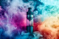 Electronic vaping device surrounded by vibrant colorful smoke clouds in blue, pink, and orange tones against dark background, dramatic lighting effect.