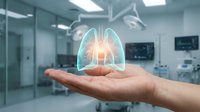 Medical professional holding holographic lung projection in modern hospital operating room with surgical equipment and monitors for healthcare technology concept.