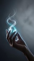 Hand holding glowing spiral light energy with swirling cyan and white luminous waves against dark background, representing magic, power, healing, spirituality.