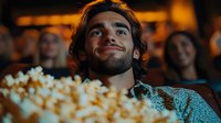 Young Hispanic man with stubble smiling while watching movie in cinema, illuminated by screen light with popcorn in foreground, entertainment concept.