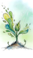 Watercolor plant sprouting from soil with flowing green and blue leaves creating organic splash pattern on soft gradient background for nature designs.
