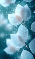Ethereal white leaves with delicate veins against turquoise background, glowing with magical bokeh lights and water drops creating dreamy nature atmosphere.