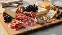 Gourmet charcuterie board with assorted cheeses, cured meats, grapes, nuts and crackers on wooden serving platter for entertaining and appetizers.
