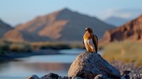 Red-tailed hawk perched on boulder overlooking winding river at sunset, dramatic mountain landscape with warm golden light illuminating rugged terrain and calm waters.