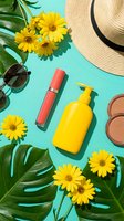 Summer beauty essentials with sunscreen, cosmetics, straw hat and sunglasses surrounded by tropical leaves and yellow flowers on turquoise background.