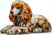Stained glass mosaic dog in warm amber and brown tones depicting a resting cocker spaniel with detailed curly fur pattern and geometric fragments.