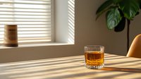 Glass of whiskey on wooden table with dramatic window blind shadows creating striped light pattern, minimalist composition with houseplant and warm ambient lighting.
