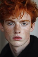 Close up portrait of young person with bright red hair, intense blue eyes and natural freckles against neutral background. Artistic fashion photography with soft lighting.