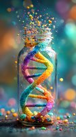 Colorful DNA helix structure made of glitter inside glass jar with magical sparkles and bokeh effects on turquoise background. Scientific concept art.