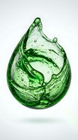 Green water drop with dynamic splash and bubbles isolated on white background for eco-friendly design projects and natural product advertising.