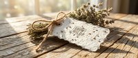 Dried botanical bundle tied with twine next to blank handmade paper tag on wooden surface with natural sunlight, suitable for rustic branding and packaging design projects.
